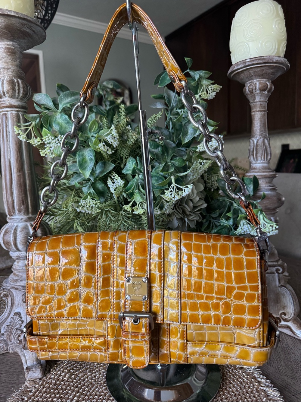 MCM Cognac Croc-Embossed Patent Leather Shoulder Bag AMAZING Condition STUNNING